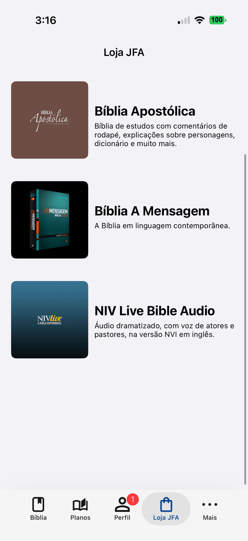 Loja JFA no app Bíblia JFA
