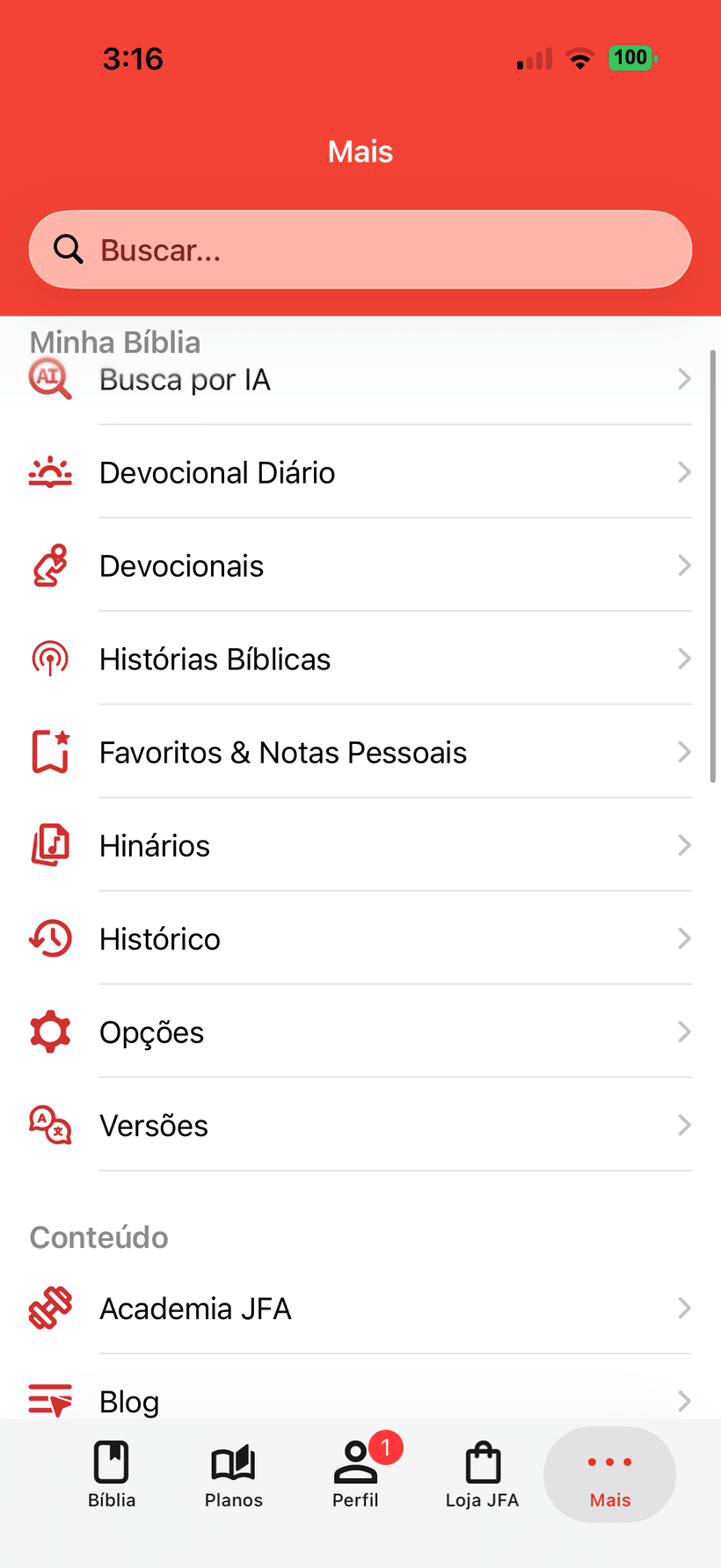 Menu Mais do app Bíblia JFA com todos os recursos