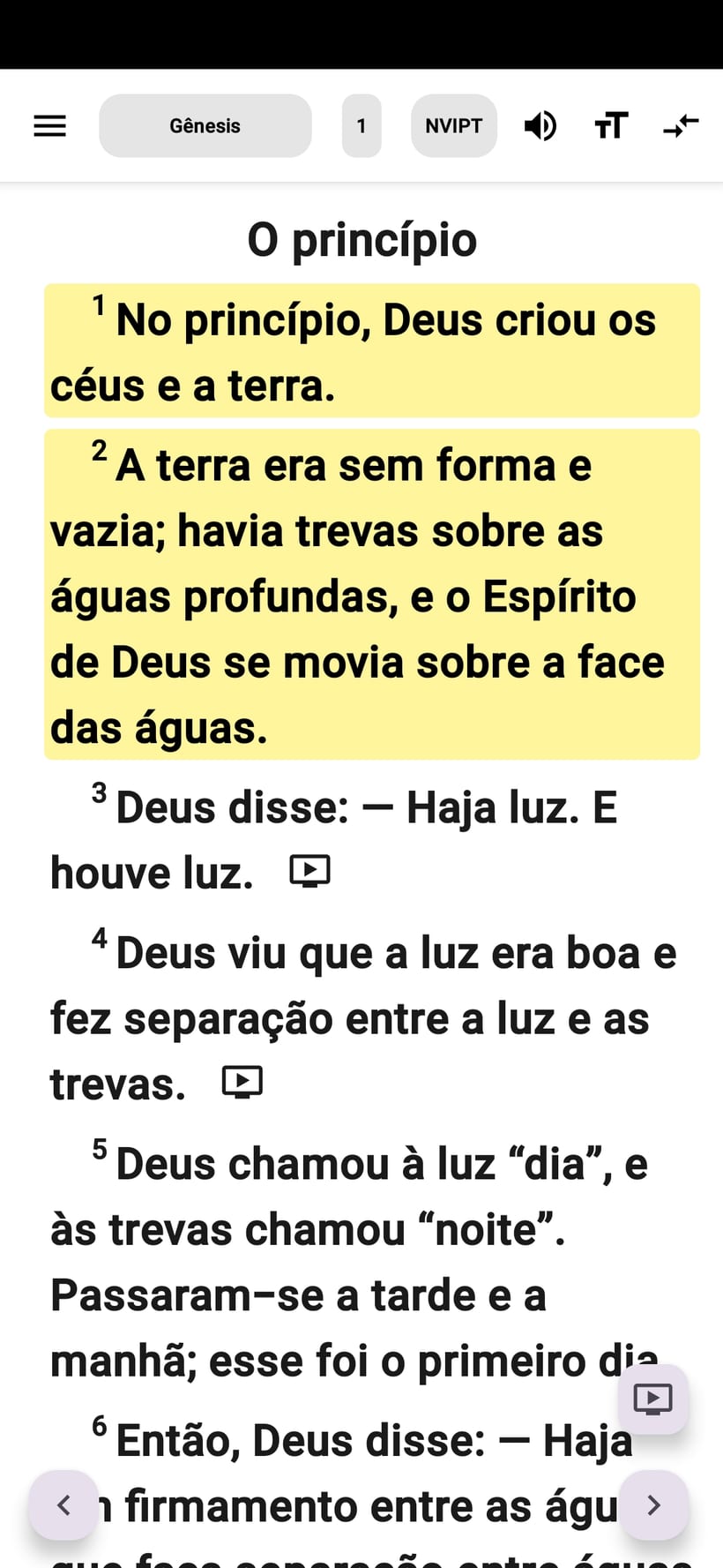 Leitura de Gênesis 1 no tema claro (Android)